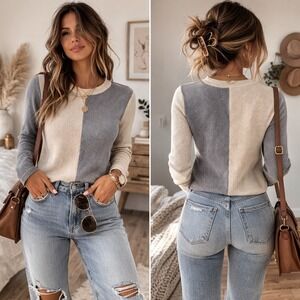 Gilli Womens Colorblock Waffle Knit Thermal Top Grey Cream AT3842 Large